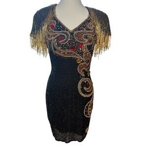 Vintage Ornate Fringe Beaded Cocktail Black Gold Embellished Party Dress Size 4